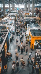 Wall Mural - A lively convention scene: people walking, talking and exploring the booths. There is a lively atmosphere on the site, indicative of a colourful event.