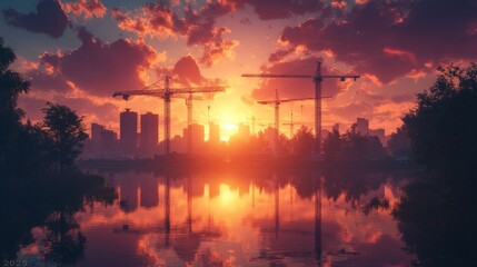 Poster - A sunset over a city with a large body of water in the foreground