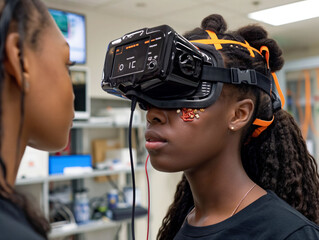 Wall Mural - A woman wearing a virtual reality headset is being examined by another woman