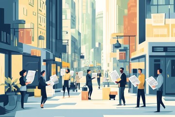 bustling city scene with multiple newspaper carriers  delivering papers to different locations, showcasing the diverse roles and importance of their job in a dynamic layout flat illustration.