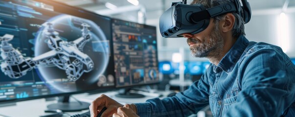 Poster - Man using virtual reality headset to control drone in modern office, exploring new technology