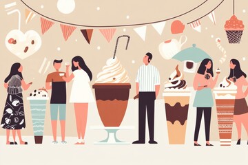 Flat illustration of a coffee themed ice cream social event, featuring people enjoying coffee ice cream in various forms, such as sundaes, shakes, floats, festive decorations and a cheerful atmosphere