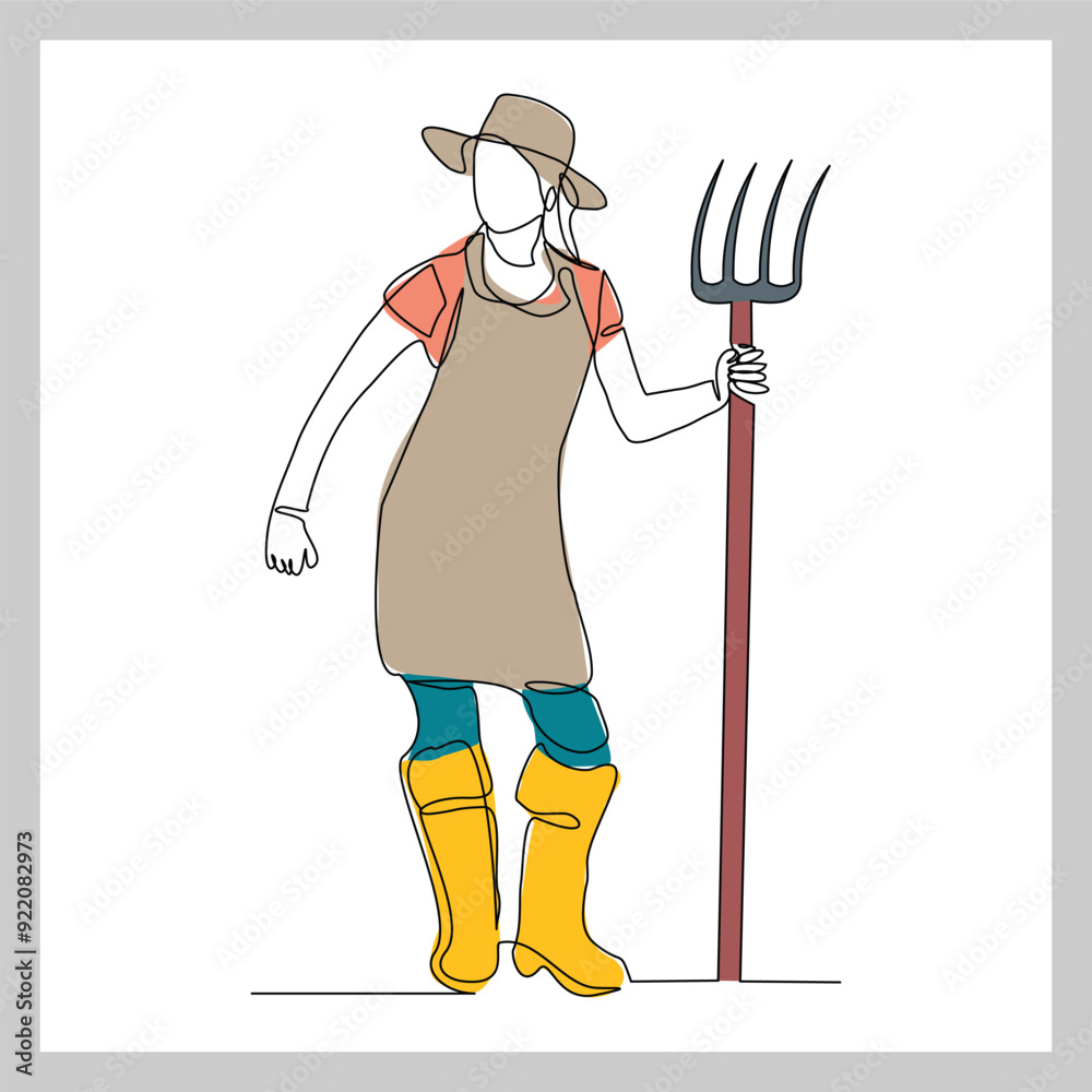 Continuous single line sketch drawing of farmer woman worker holding fork farming tool. One line art of occupation professional worker vector illustration