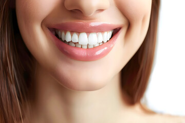 Beautiful female smile after teeth whitening procedure. Dental care. Dentistry concept.