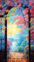 Wall Mural - Illustration of a window painting outdoors nature.