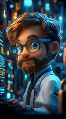 A cheerful young male cybersecurity expert in glasses and a lab coat working in a vibrant high-tech lab.