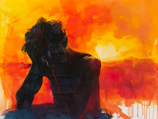 Wall Mural - A man is sitting on the ground with his head down. The painting is orange and yellow. The mood of the painting is sad and melancholic