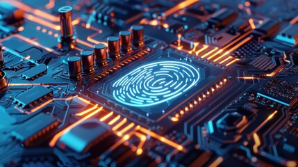 Close-up of a futuristic circuit board with a glowing fingerprint, symbolizing digital security and technology innovation.