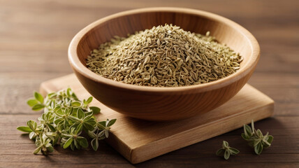 Wall Mural - Dried spicy herbs in a wooden bowl on a wooden table with sprigs of fresh herbs