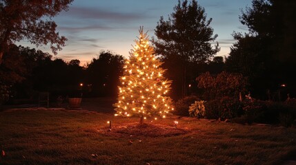 Wall Mural - A lit christmas tree in a yard at dusk, AI