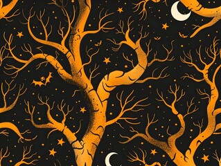 Enchanting Spooky Tree Pattern in Seamless Gothic Halloween Night Landscape