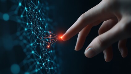 finger touching electric spark, creating neural connection patterns on dark background, symbolizing 