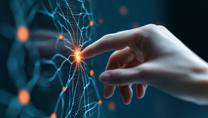 Wall Mural - finger touching electric spark, creating neural connection patterns on dark background, symbolizing 