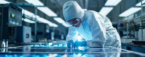 Poster - Scientist in protective gear walking in futuristic cleanroom with reflective blue floor