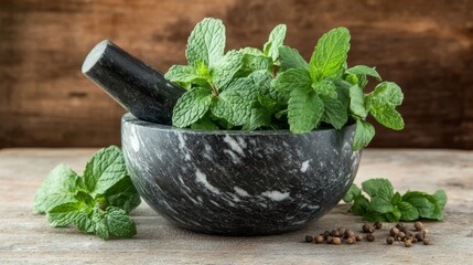 Wall Mural - Spearmint herb with spices on wooden background