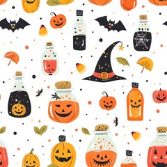 Vibrant and Whimsical Witch s Potion Pattern with Pumpkins  Bats  and Magical Elements for Halloween