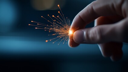 Wall Mural - finger touching electric spark, creating neural connection patterns on dark background, symbolizing 