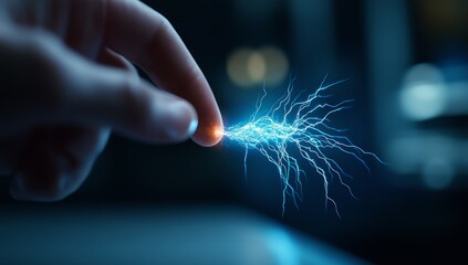 Wall Mural - finger touching electric spark, creating neural connection patterns on dark background, symbolizing 