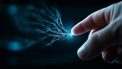 Wall Mural - finger touching electric spark, creating neural connection patterns on dark background, symbolizing 