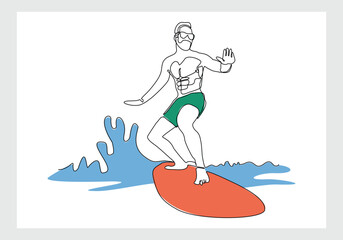 Continuous single line sketch drawing of professional surfing athlete man ride surfboard on big wave. One line art of extreme sport surfer on beach summer vector illustration