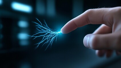 Wall Mural - finger touching electric spark, creating neural connection patterns on dark background, symbolizing 