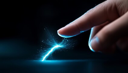 Wall Mural - finger touching electric spark, creating neural connection patterns on dark background, symbolizing 
