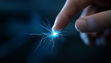 Wall Mural - finger touching electric spark, creating neural connection patterns on dark background, symbolizing 