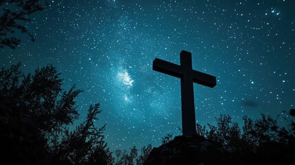 A cross silhouetted against the night sky, with stars twinkling in the background, symbolizing hope and faith in the darkness.