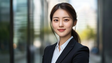 Wall Mural - An Asian woman in a suit and tie, smiling confidently at the camera in a well-lit studio, with a business background.