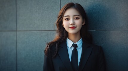 Wall Mural - An Asian woman in a suit and tie, smiling confidently at the camera in a well-lit studio, with a business background.