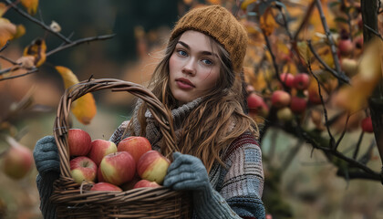 Wall Mural - A woman wearing a hat and gloves is holding a basket of apples