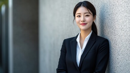 Wall Mural - An Asian woman in a suit and tie, smiling confidently at the camera in a well-lit studio, with a business background.