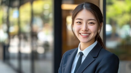 Wall Mural - An Asian woman in a suit and tie, smiling confidently at the camera in a well-lit studio, with a business background.