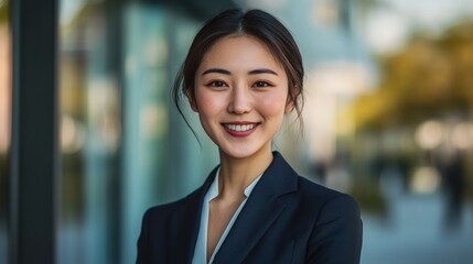 Wall Mural - An Asian woman in a suit and tie, smiling confidently at the camera in a well-lit studio, with a business background.