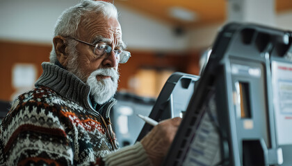 Wall Mural - An older man is sitting in front of a voting machine