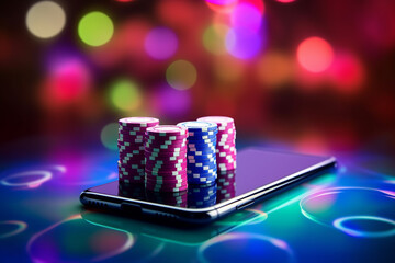 Wall Mural - Online casino banner. Smartphone with playing chips on table on blurred neon background with bokeh