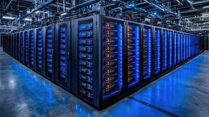 Poster - A high-tech server room featuring rows of illuminated servers with vibrant blue lights, showcasing advanced data storage technology.