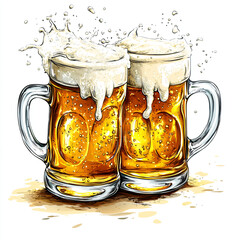 Wall Mural - Two mug with cold fresh golden beer clinking together with splashing out on white background. Craft beer on glass on Oktoberfest, international beer day and St. Patrick's day celebration. Copy space