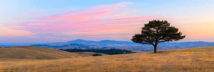 Lone Tree on Rolling Hills of California, Golden Grass, Vibrant Sunset Sky, Expansive Landscape View