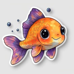 Wall Mural - Cute Cartoon Goldfish with Big Eyes and Purple Fins