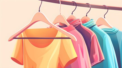 Fashion apparel. Hangers with stylish female clothes, clothing storage, boutique assortment rail, garment holder. Vector cartoon illustration