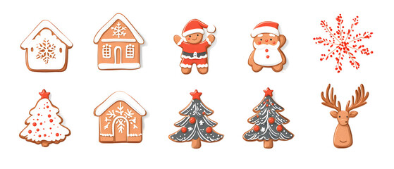 Poster - Winter set of sugar cookie Christmas and cute design gingerbread cookies, featuring biscuit shaped gingerbread house, Santa face, deer head, snowflake, and Christmas tree, isolated on white background