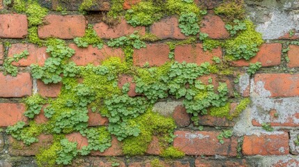 Wall Mural - A brick wall with green moss growing on it, AI