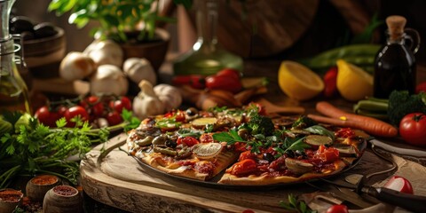 Variety of fresh vegetables, herbs and spices around a homemade pizza