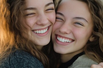 Two women are smiling and hugging each other. They are both wearing black and white clothing. Scene is happy and friendly