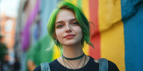 A young woman with green hair is smiling and wearing a necklace. She is standing in front of a colorful wall