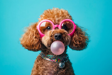 Wall Mural - A dog wearing pink glasses and blowing a bubble