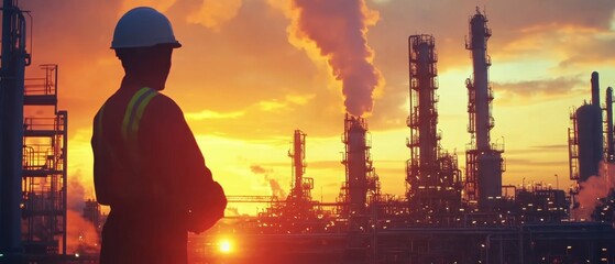 refinery worker handling equipment timelapse dawn scene with mist and machinery bright details