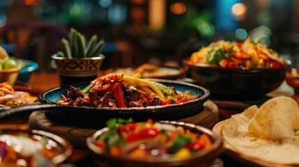 Colorful Mexican cuisine in a buffet style setting, featuring tortilla chips with various toppings and dips.