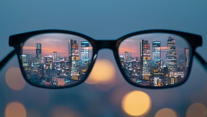 Wall Mural - Glasses with City Skyline Reflected in Lenses, Blurred Background Emphasizing Eyewear